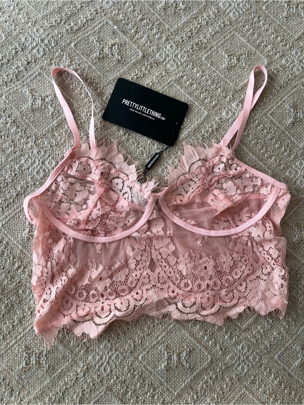 PrettyLittleThing Baby Pink Lace Longline Bralet NWT Sz M
